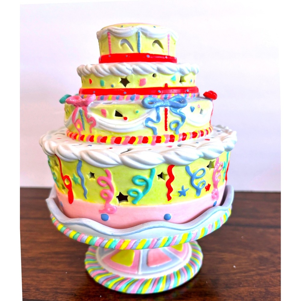 Vintage PartyLite Birthday Cake Tea Light Candle Holder Ceramic Pedestal Whimsy